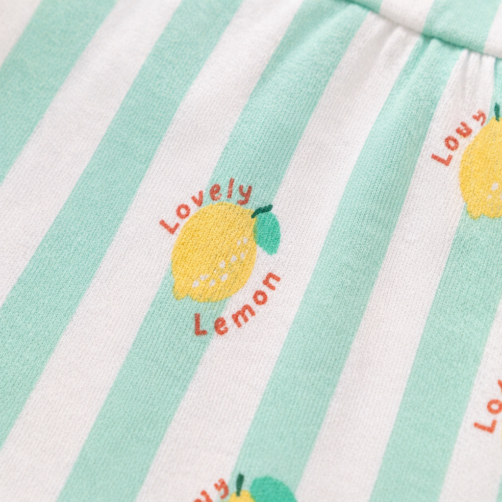 Baby Girls Cotton Dress – Mint Striped Lemon Print Dress with Bow & Ruffle Sleeves