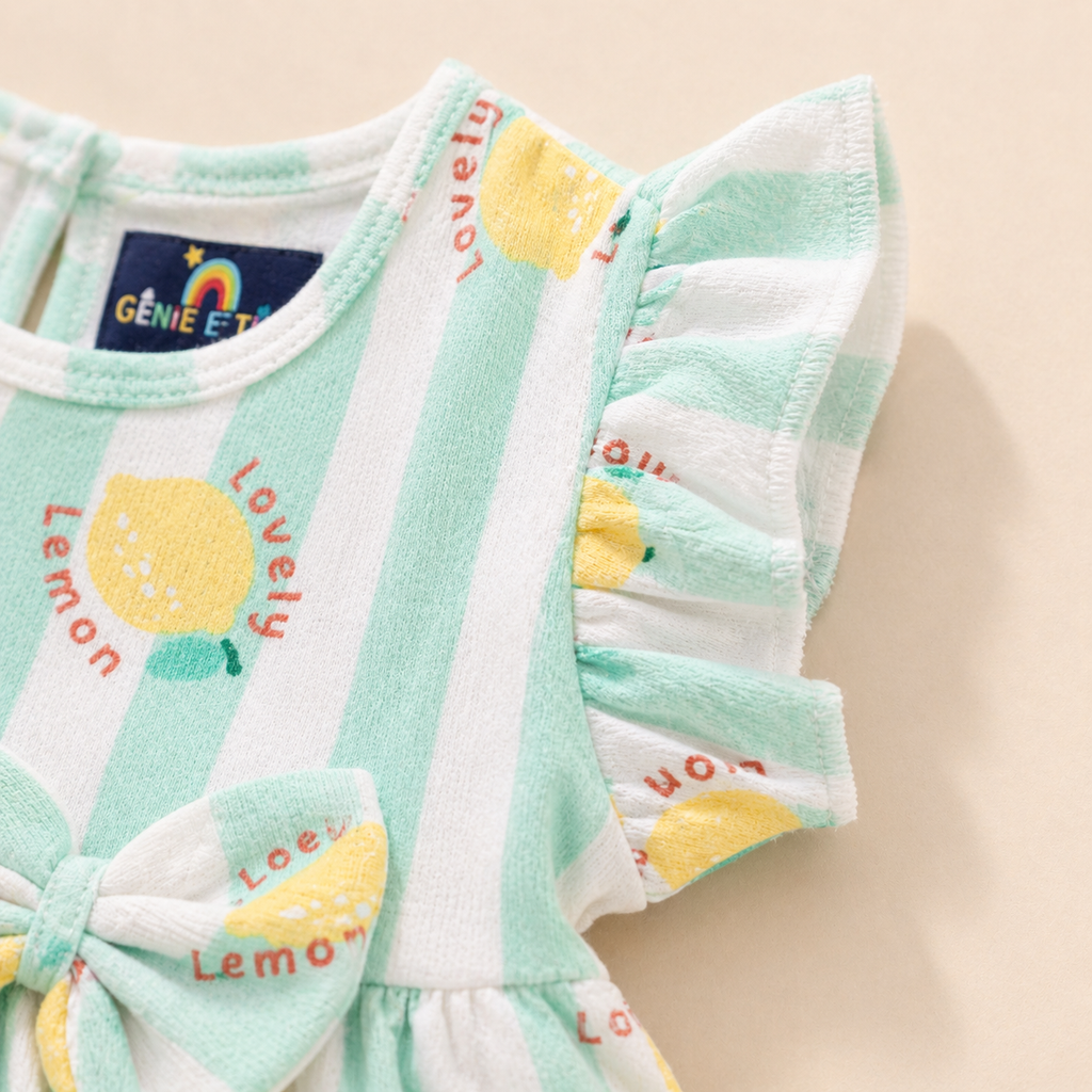 Baby Girls Cotton Dress – Mint Striped Lemon Print Dress with Bow & Ruffle Sleeves