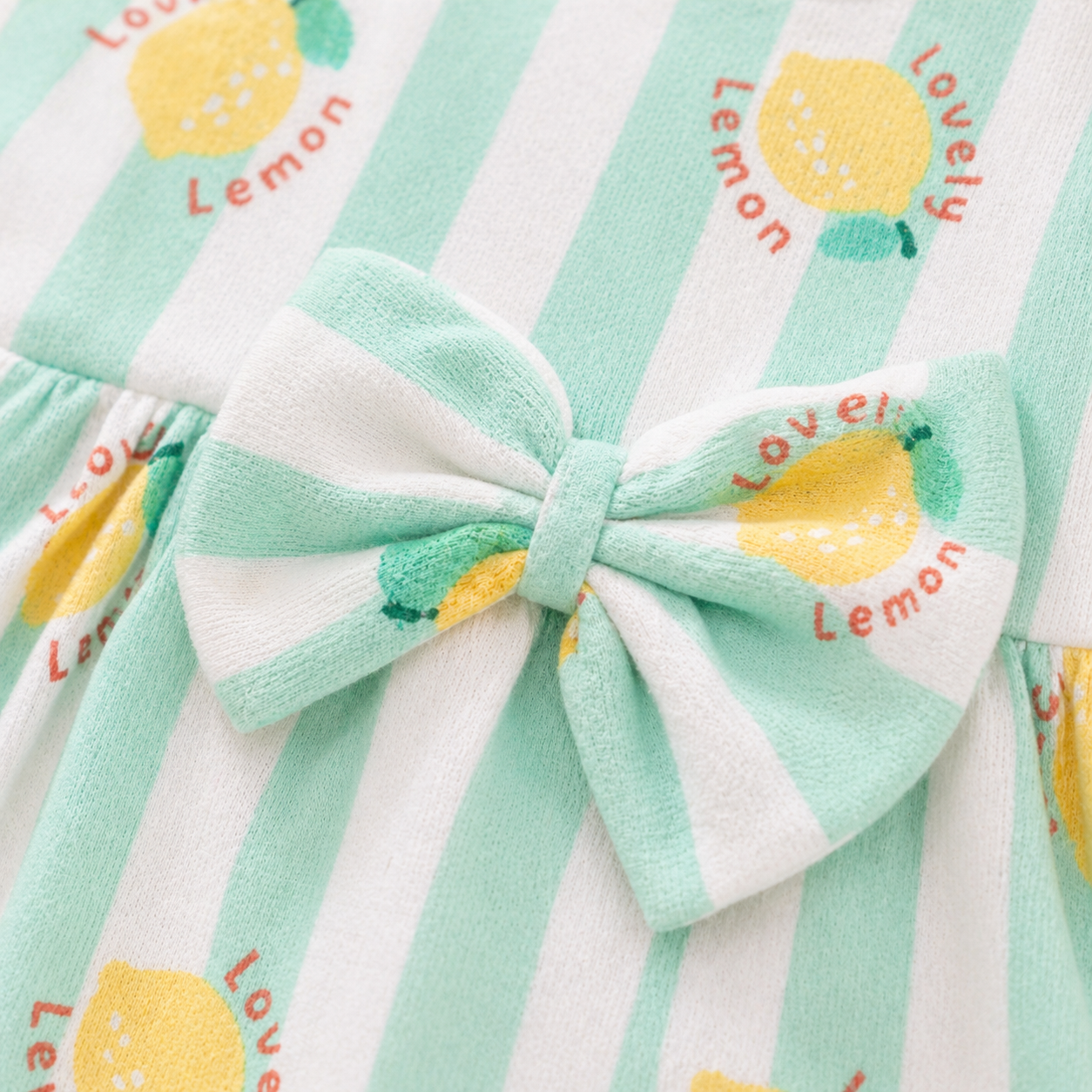 Baby Girls Cotton Dress – Mint Striped Lemon Print Dress with Bow & Ruffle Sleeves