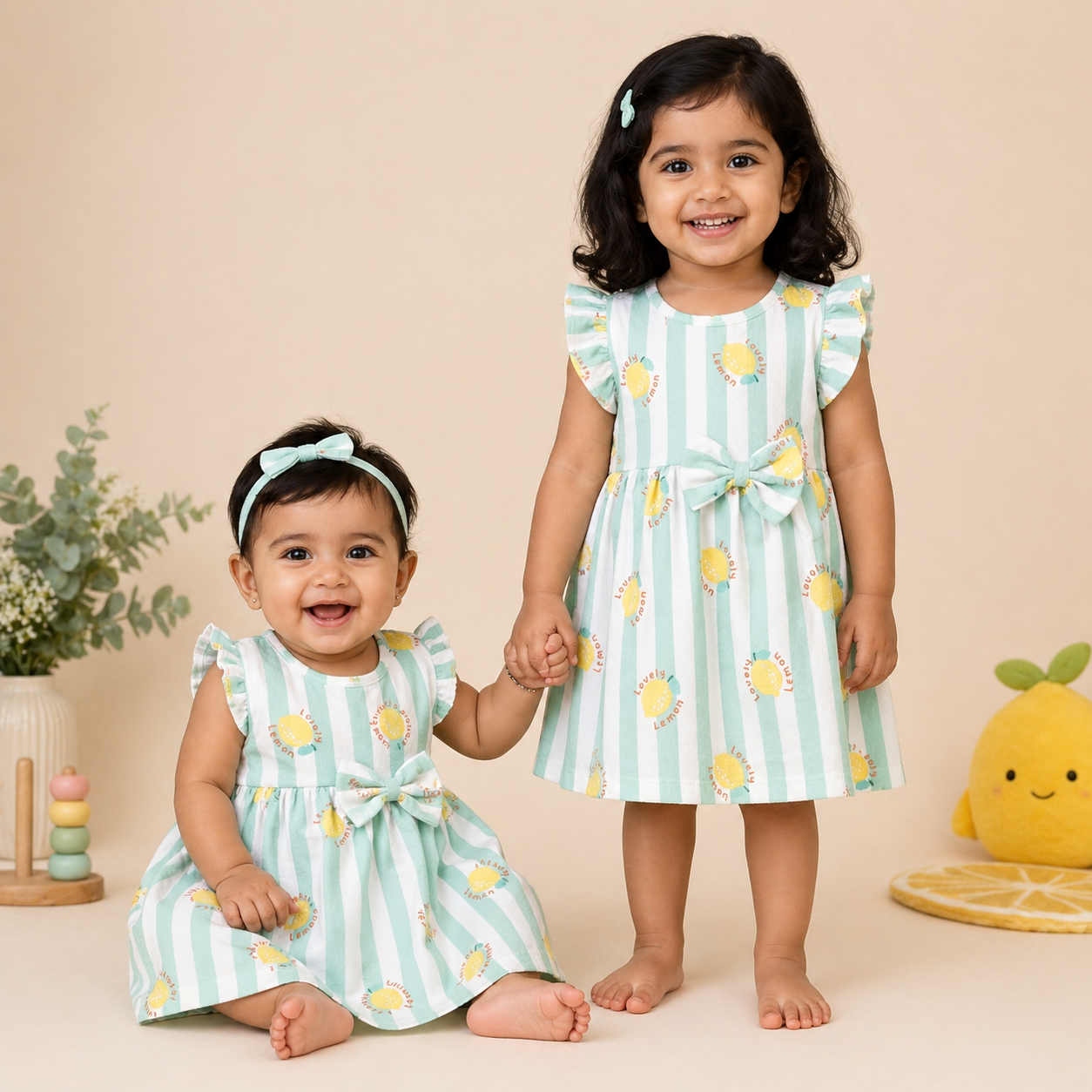 Baby Girls Cotton Dress – Mint Striped Lemon Print Dress with Bow & Ruffle Sleeves