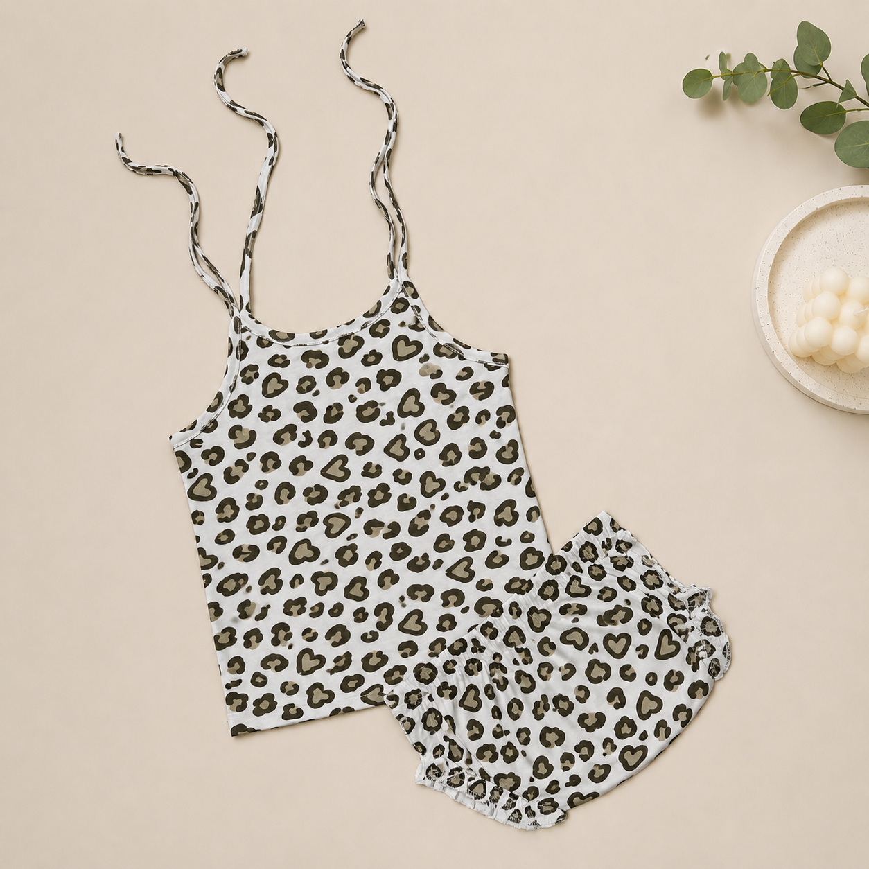 Genie & Tom Girls Animal Heart Print Tie-Up Shoulder Top & Bloomer Shorts Set | Sleeveless Cotton Summer Co-ord Set