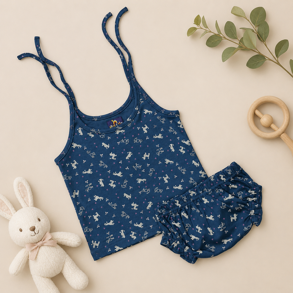 Genie & Tom Girls Printed Tie-Up Shoulder Top & Bloomer Shorts Set | Soft Cotton Sleeveless Summer Co-ord Outfit