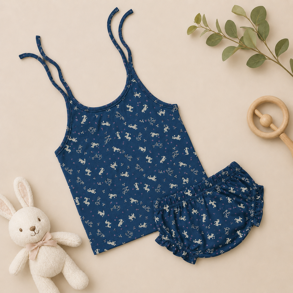 Genie & Tom Girls Printed Tie-Up Shoulder Top & Bloomer Shorts Set | Soft Cotton Sleeveless Summer Co-ord Outfit