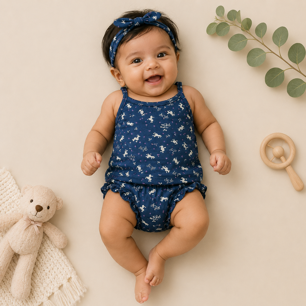 Genie & Tom Girls Printed Tie-Up Shoulder Top & Bloomer Shorts Set | Soft Cotton Sleeveless Summer Co-ord Outfit