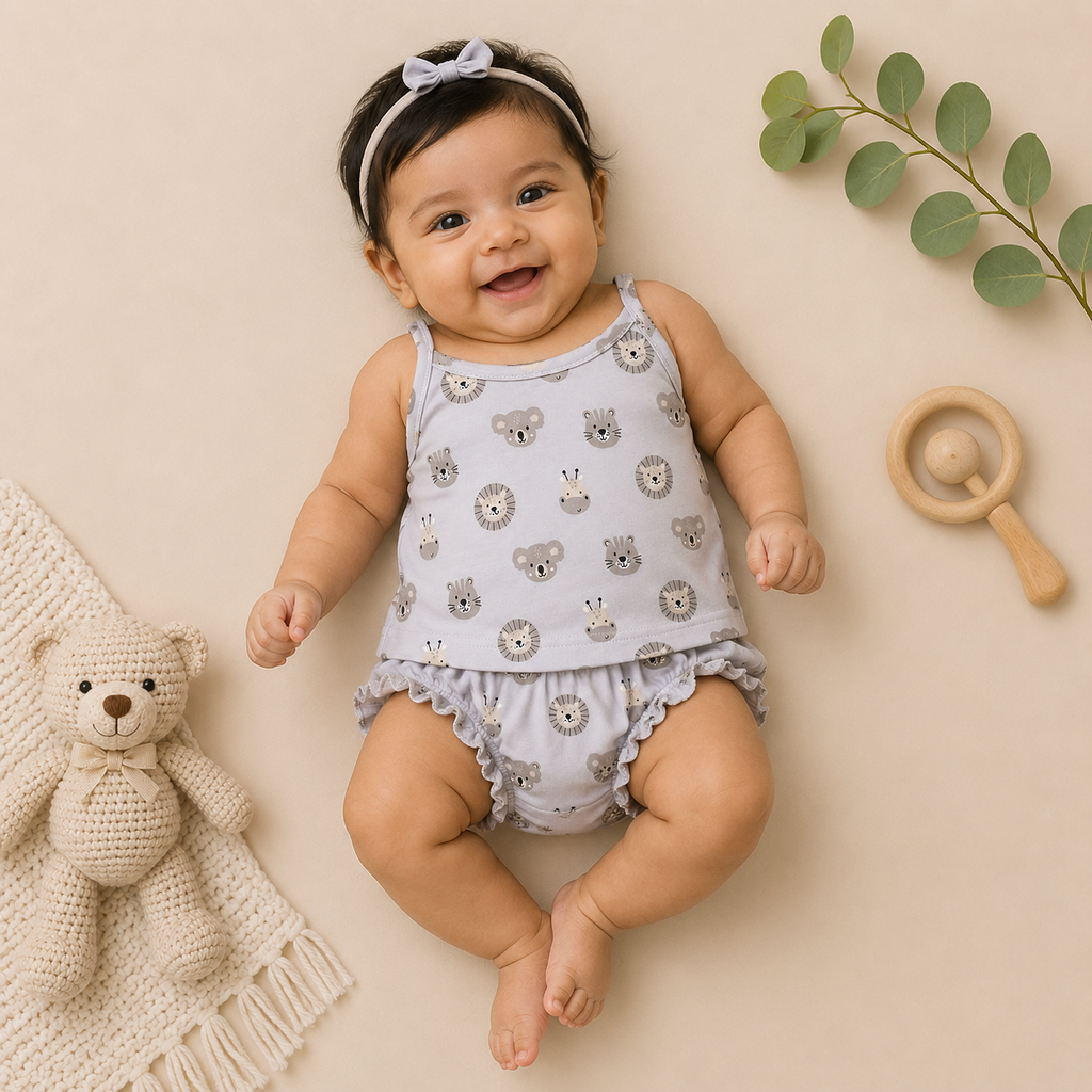 Genie & Tom Baby Girls Printed Tie-Up Shoulder Top & Bloomer Shorts Set | Soft Cotton Summer Co-ord Outfit | Animal Face Print