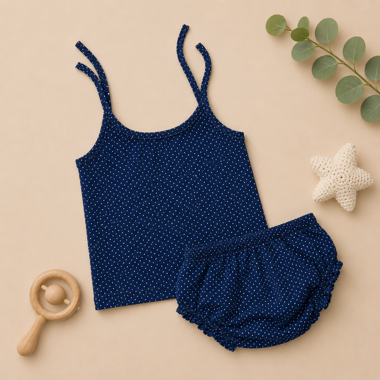 Genie & Tom Baby Girls Polka Dot Tie-Up Shoulder Top & Bloomer Shorts Set | Soft Cotton Summer Co-ord Outfit | Navy Blue Printed Clothing Set