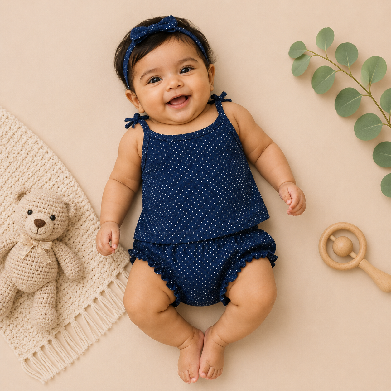 Genie & Tom Baby Girls Polka Dot Tie-Up Shoulder Top & Bloomer Shorts Set | Soft Cotton Summer Co-ord Outfit | Navy Blue Printed Clothing Set
