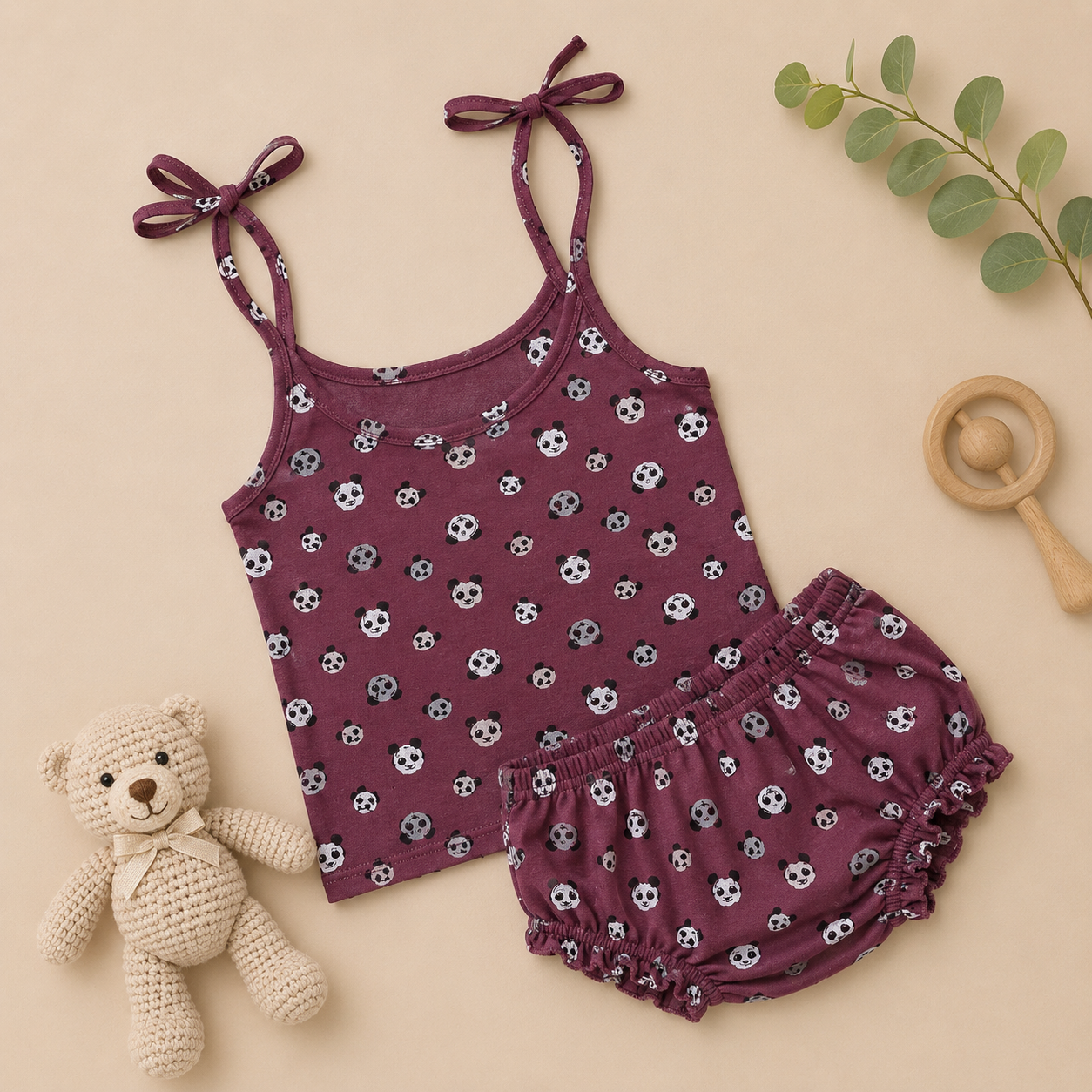 Genie & Tom Baby Girls Panda Print Tie-Up Shoulder Top & Bloomer Shorts Set | Soft Cotton Summer Co-ord Outfit | Maroon Printed Clothing Set