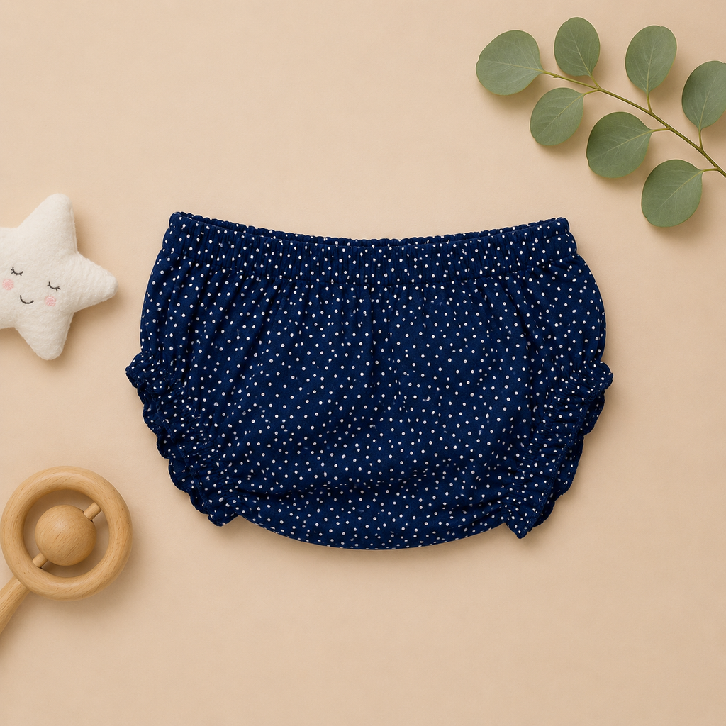 Genie & Tom Baby Girls Polka Dot Tie-Up Shoulder Top & Bloomer Shorts Set | Soft Cotton Summer Co-ord Outfit | Navy Blue Printed Clothing Set
