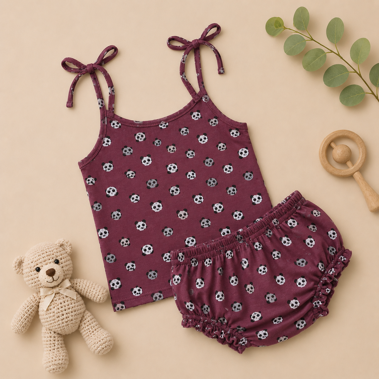 Genie & Tom Baby Girls Panda Print Tie-Up Shoulder Top & Bloomer Shorts Set | Soft Cotton Summer Co-ord Outfit | Maroon Printed Clothing Set