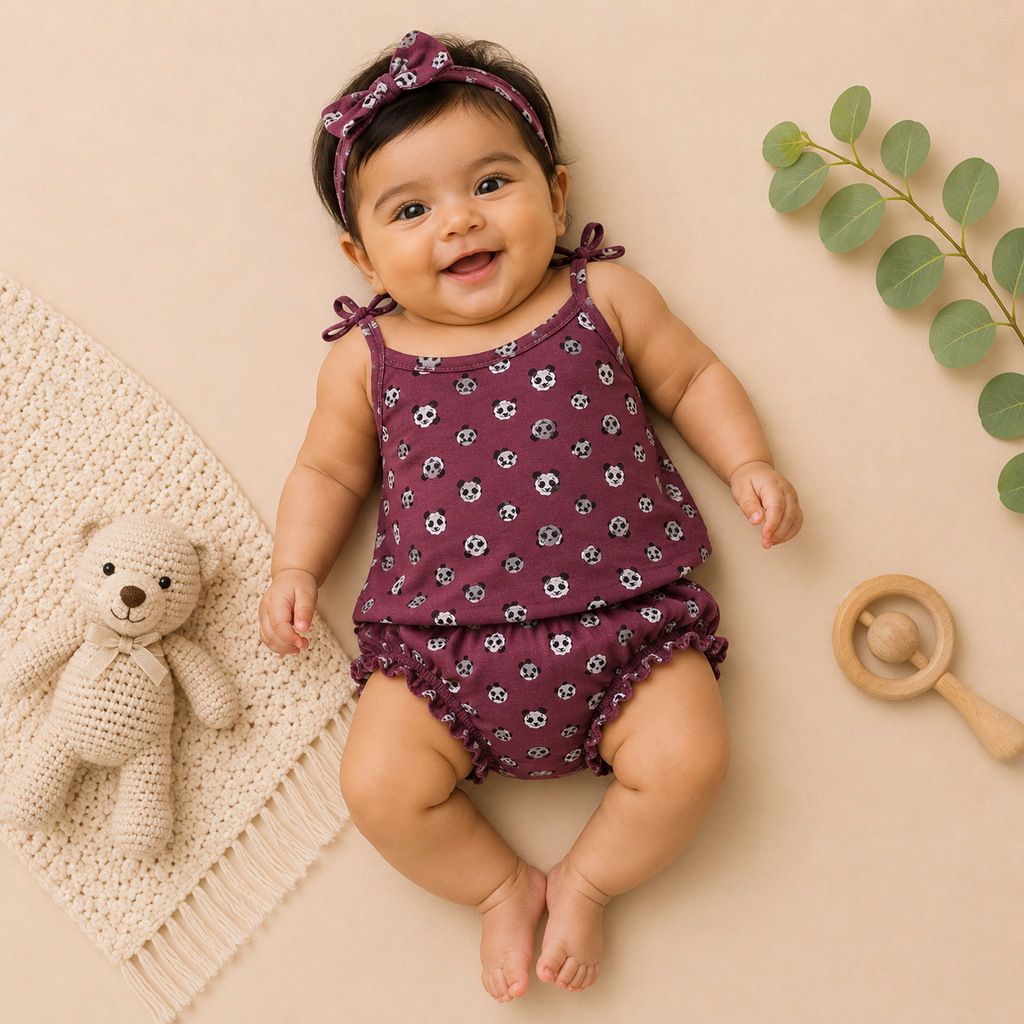 Genie & Tom Baby Girls Panda Print Tie-Up Shoulder Top & Bloomer Shorts Set | Soft Cotton Summer Co-ord Outfit | Maroon Printed Clothing Set