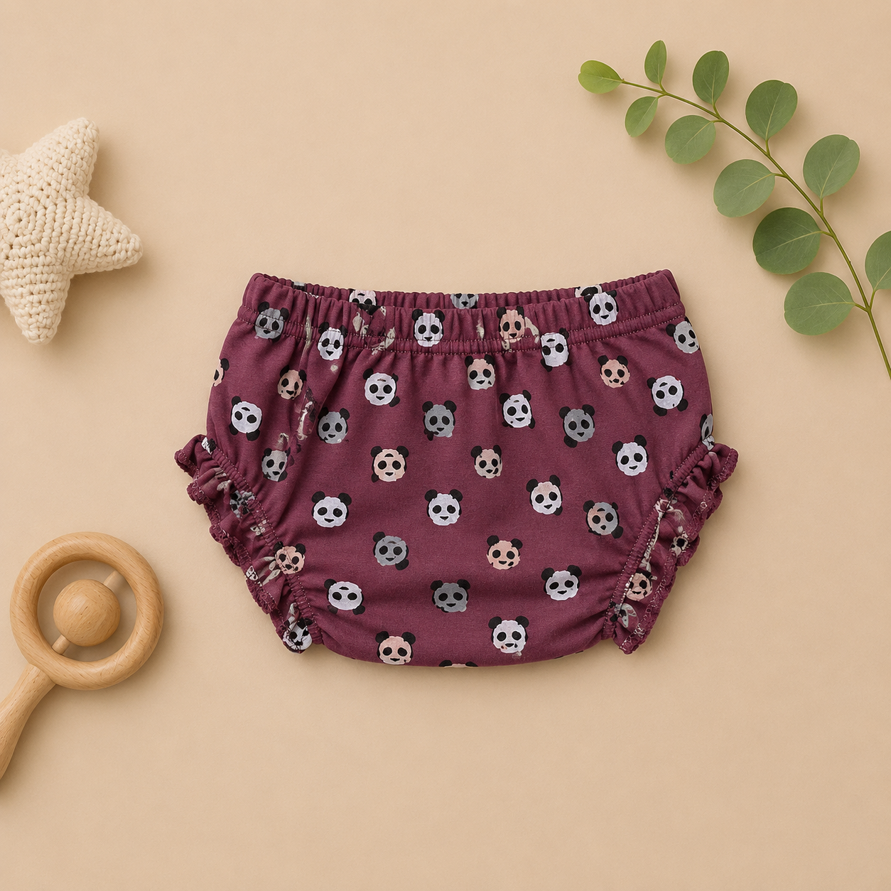 Genie & Tom Baby Girls Panda Print Tie-Up Shoulder Top & Bloomer Shorts Set | Soft Cotton Summer Co-ord Outfit | Maroon Printed Clothing Set