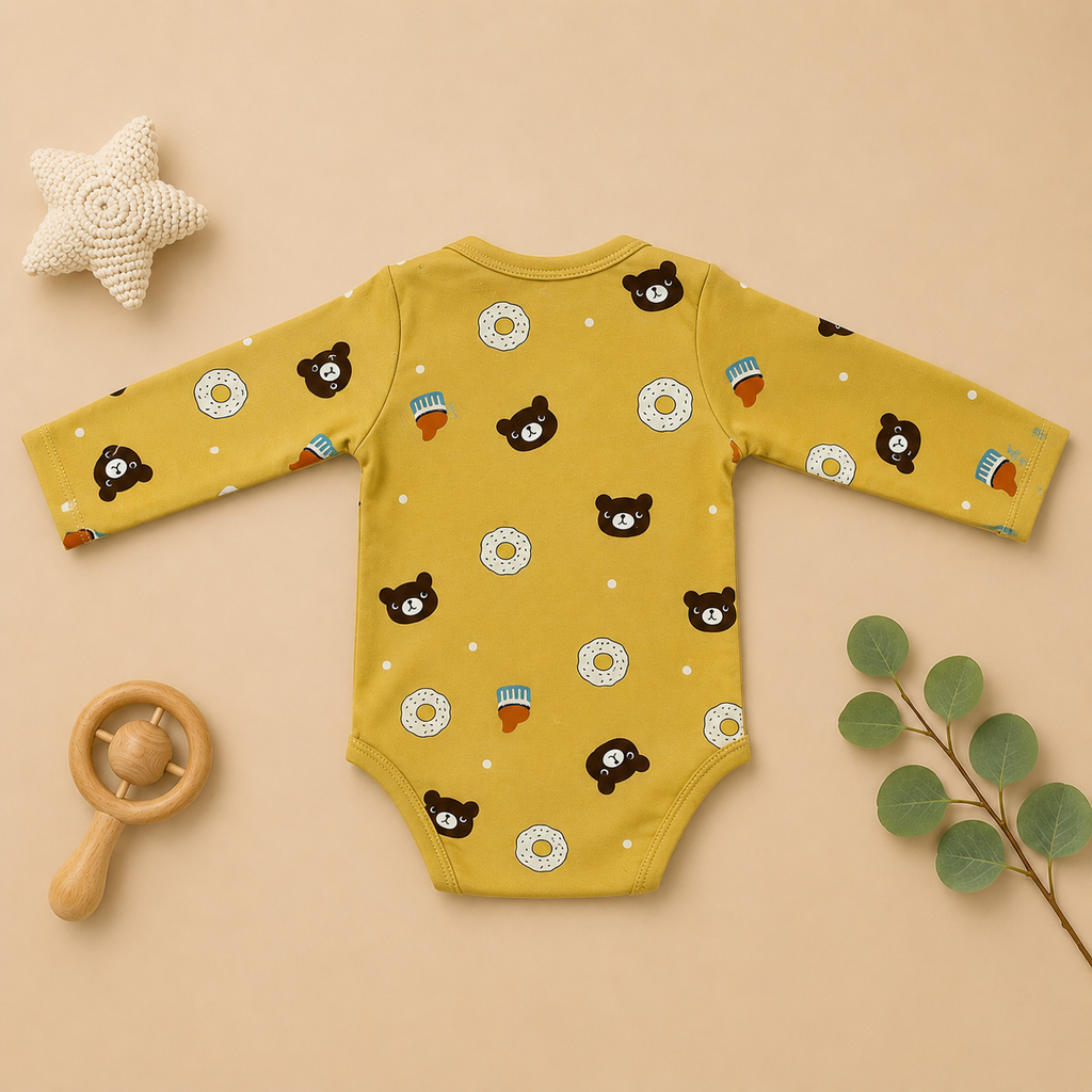 Baby Full Sleeve Romper Onesie – Bear & Donut Print Soft Cotton Bodysuit for Newborn Babies