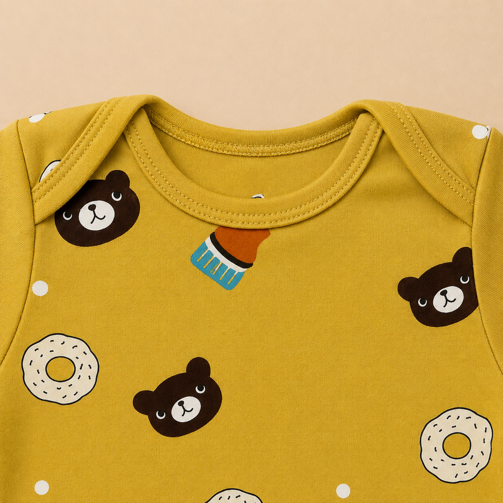 Baby Full Sleeve Romper Onesie – Bear & Donut Print Soft Cotton Bodysuit for Newborn Babies