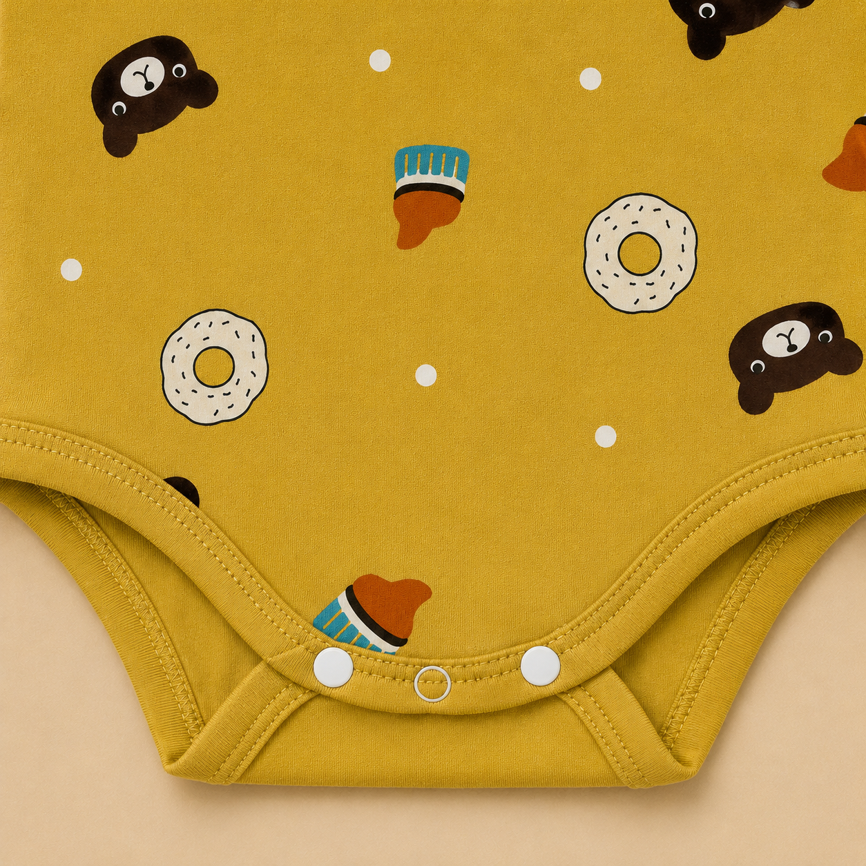 Baby Full Sleeve Romper Onesie – Bear & Donut Print Soft Cotton Bodysuit for Newborn Babies