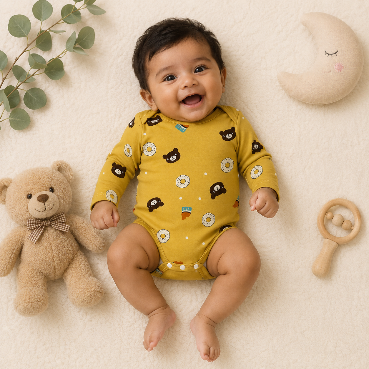 Baby Full Sleeve Romper Onesie – Bear & Donut Print Soft Cotton Bodysuit for Newborn Babies