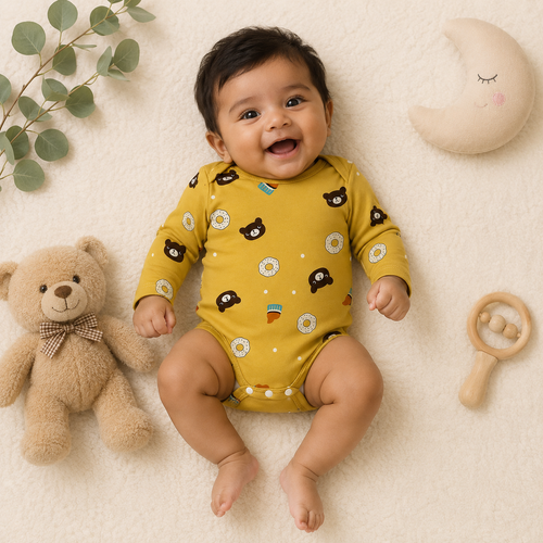Baby Full Sleeve Romper Onesie – Bear & Donut Print Soft Cotton Bodysuit for Newborn Babies