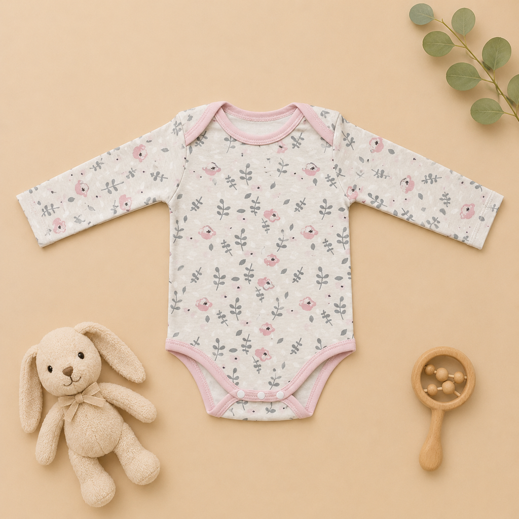 Genie & Tom Baby Girls Floral Printed Full Sleeve Bodysuit | Soft Cotton Onesie with Envelope Neck & Snap Button Closure | Newborn & Infant Romper