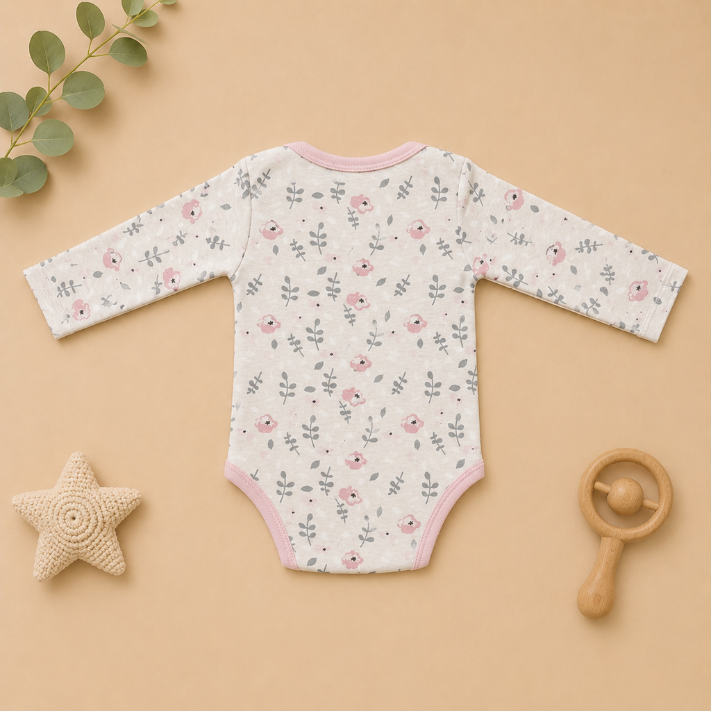 Genie & Tom Baby Girls Floral Printed Full Sleeve Bodysuit | Soft Cotton Onesie with Envelope Neck & Snap Button Closure | Newborn & Infant Romper