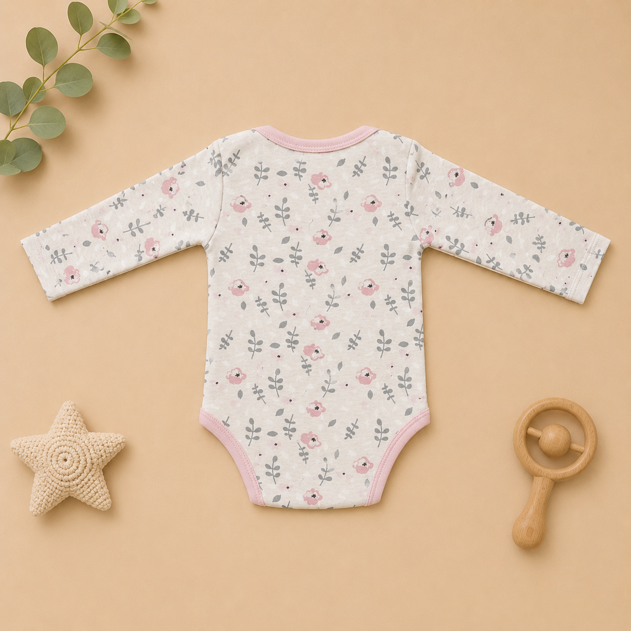 Genie & Tom Baby Girls Floral Printed Full Sleeve Bodysuit | Soft Cotton Onesie with Envelope Neck & Snap Button Closure | Newborn & Infant Romper