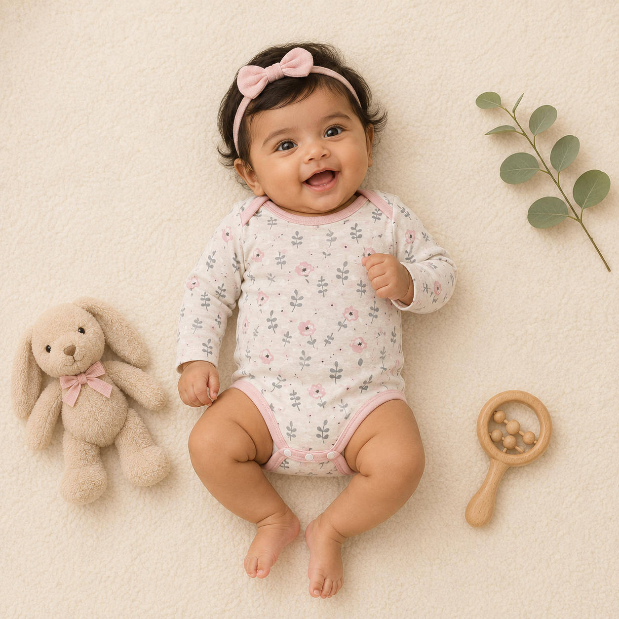 Genie & Tom Baby Girls Floral Printed Full Sleeve Bodysuit | Soft Cotton Onesie with Envelope Neck & Snap Button Closure | Newborn & Infant Romper