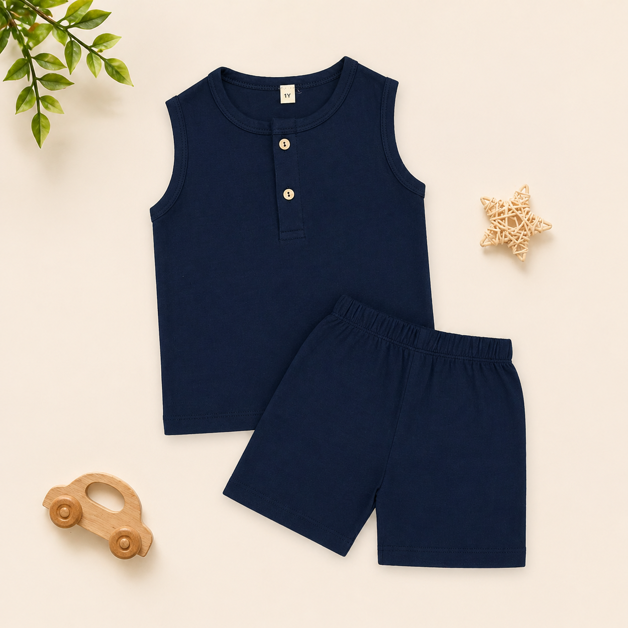 Baby Muslin Co-ord Set – Sleeveless Cotton Muslin Top & Shorts Set (Navy Blue Summer Outfit)