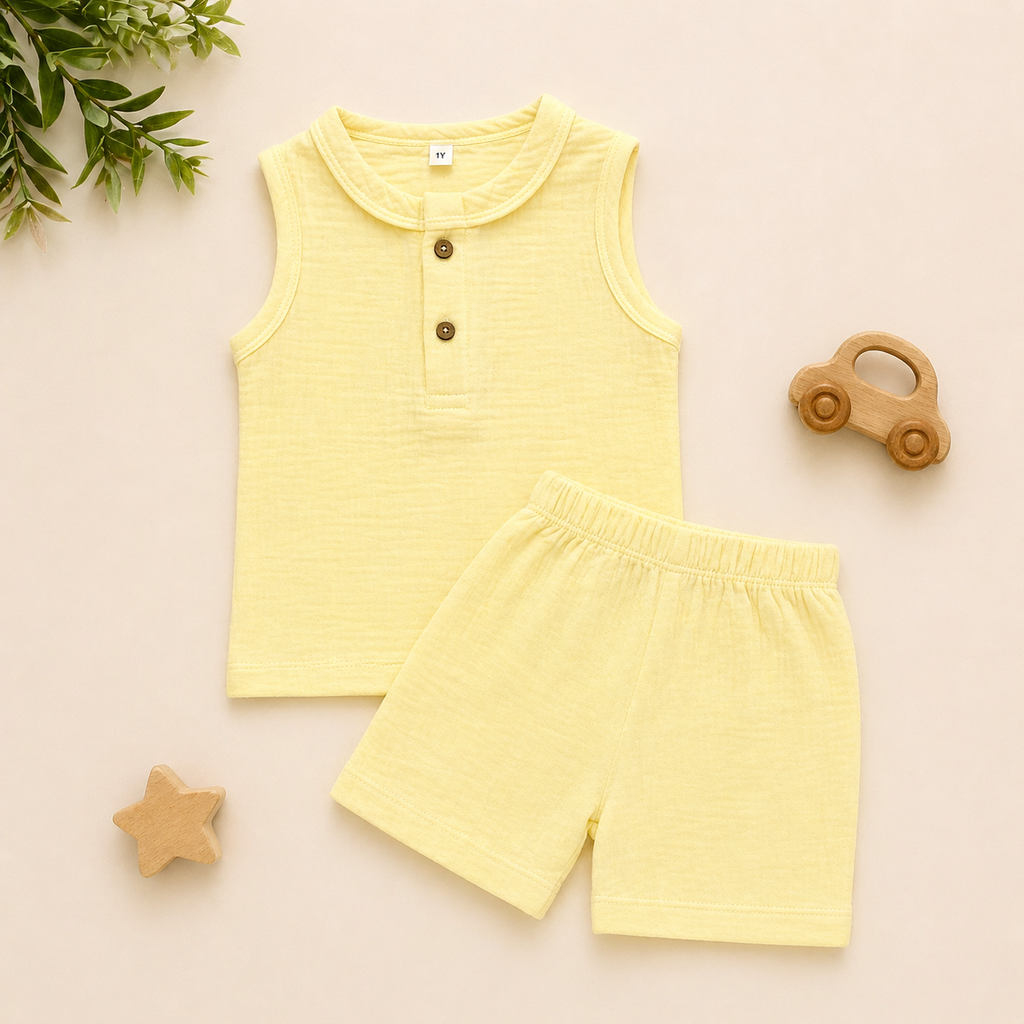 Baby Muslin Co-ord Set – Sleeveless Cotton Muslin Top & Shorts Set