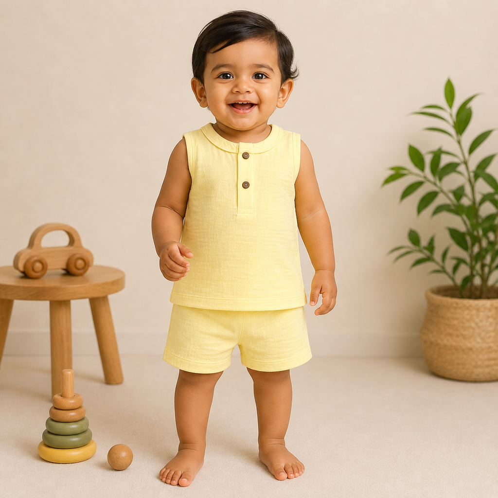 Baby Muslin Co-ord Set – Sleeveless Cotton Muslin Top & Shorts Set