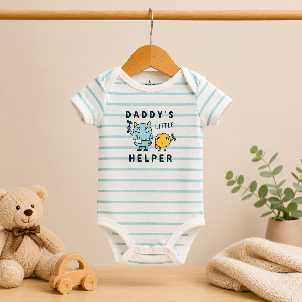 Infant Cotton Bodysuit Pack of 2 | Daddy’s Little Helper Printed & Tool Print Onesies | Soft Half Sleeve Rompers