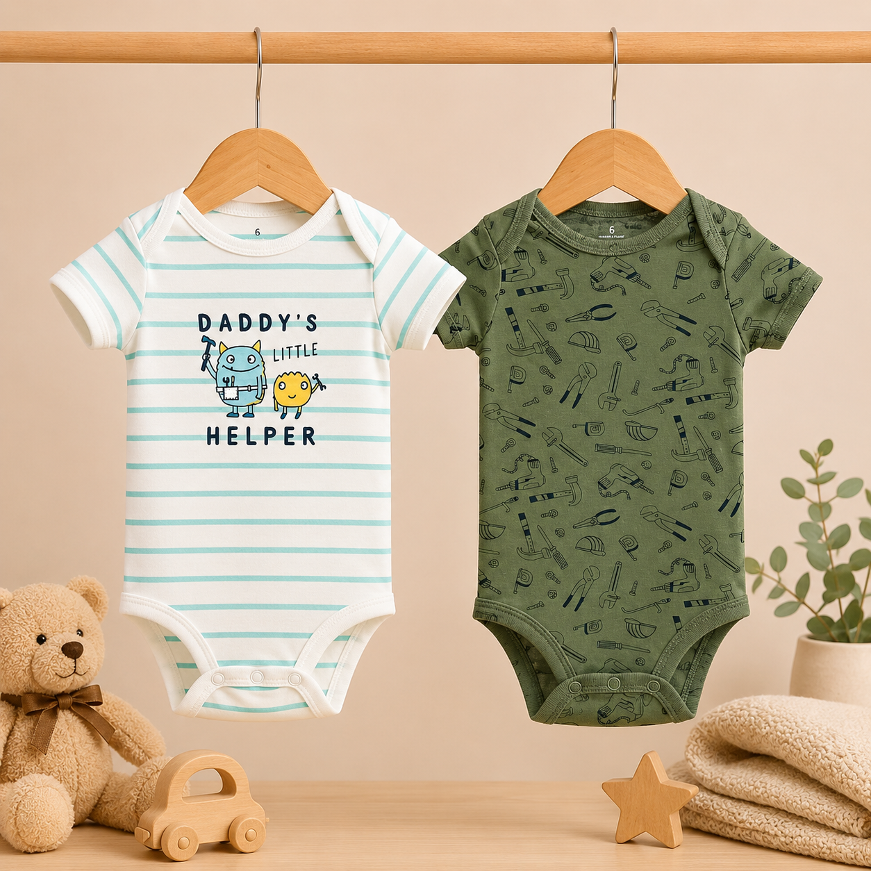 Infant Cotton Bodysuit Pack of 2 | Daddy’s Little Helper Printed & Tool Print Onesies | Soft Half Sleeve Rompers