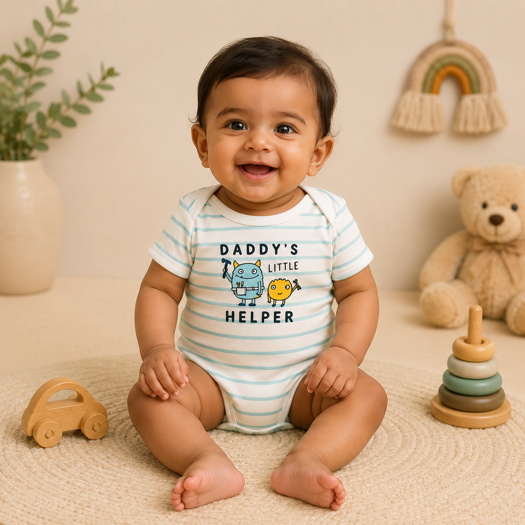 Infant Cotton Bodysuit Pack of 2 | Daddy’s Little Helper Printed & Tool Print Onesies | Soft Half Sleeve Rompers