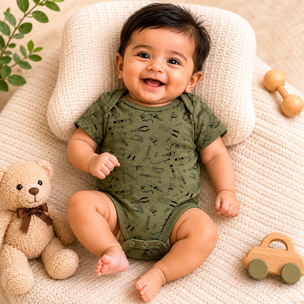 Infant Cotton Bodysuit Pack of 2 | Daddy’s Little Helper Printed & Tool Print Onesies | Soft Half Sleeve Rompers