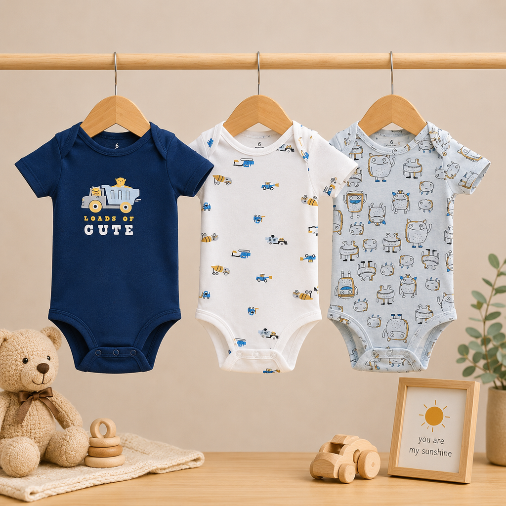 Infants Cotton Bodysuit Pack of 3 | Loads of Cute Graphic, Vehicle Print & Monster Print Onesies