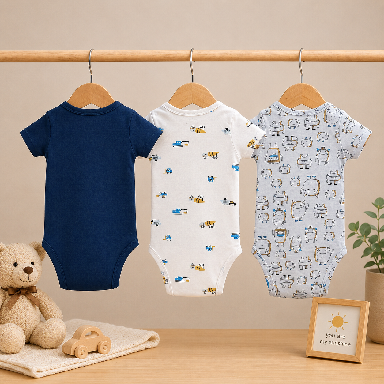 Infants Cotton Bodysuit Pack of 3 | Loads of Cute Graphic, Vehicle Print & Monster Print Onesies