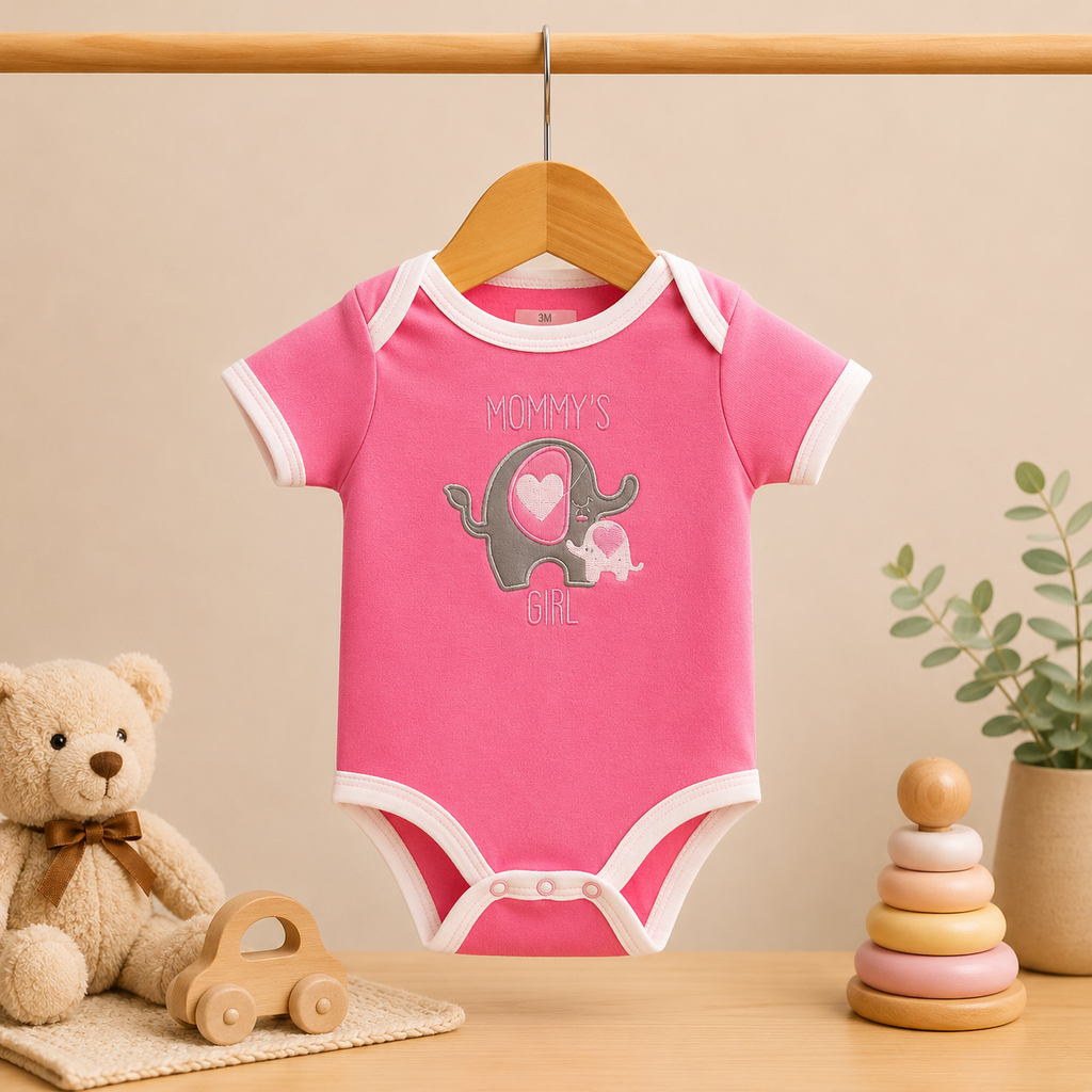 Baby Girls Cotton Romper Pack of 3 | Mommy’s Girl Printed Bodysuit Set | Soft Half Sleeve Onesies with Snap Button Closure for Newborns & Infants