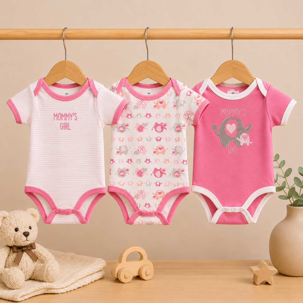 Baby Girls Cotton Romper Pack of 3 | Mommy’s Girl Printed Bodysuit Set | Soft Half Sleeve Onesies with Snap Button Closure for Newborns & Infants