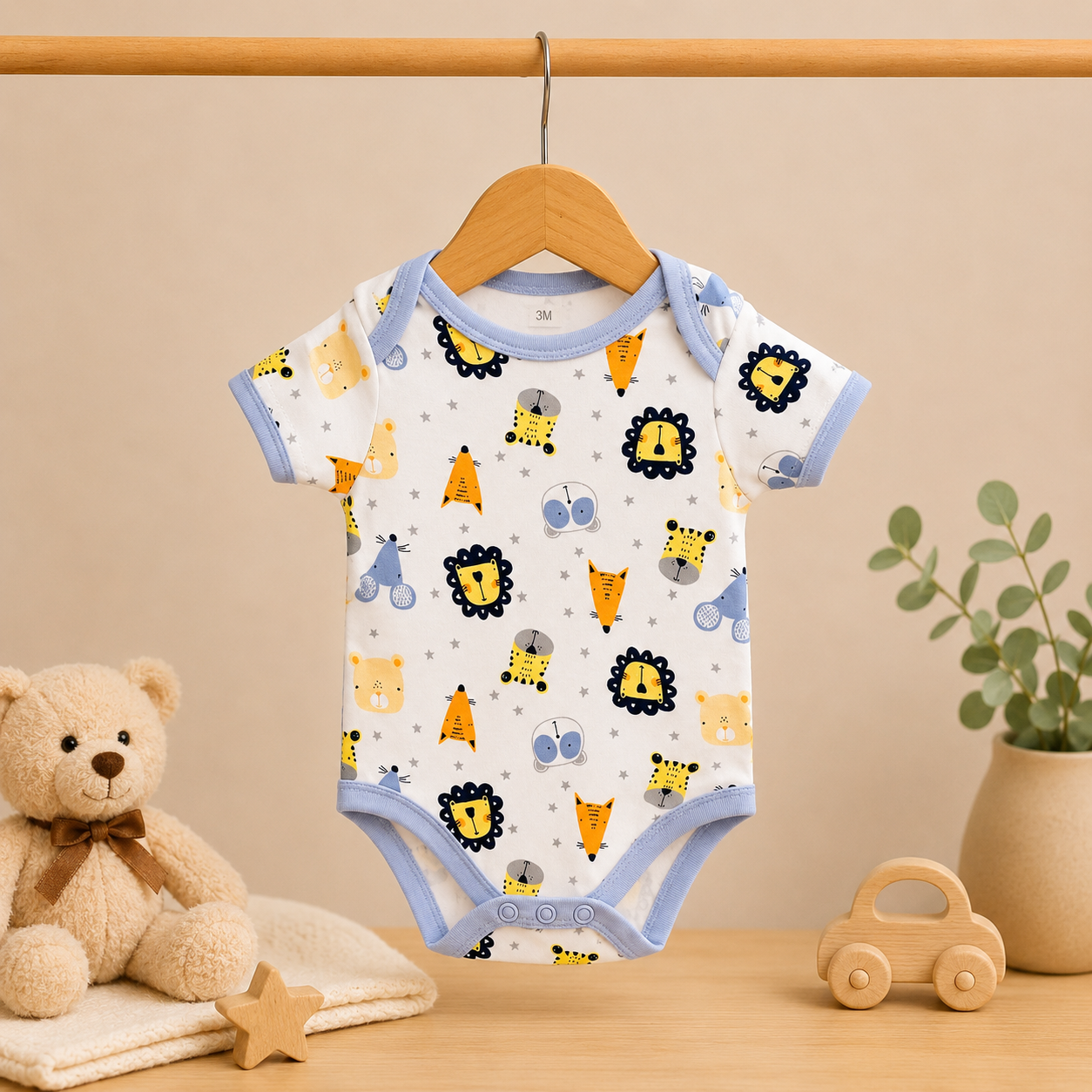 Infants Cotton Romper Pack of 3 | Safari Animal Printed Half Sleeve Bodysuit Set