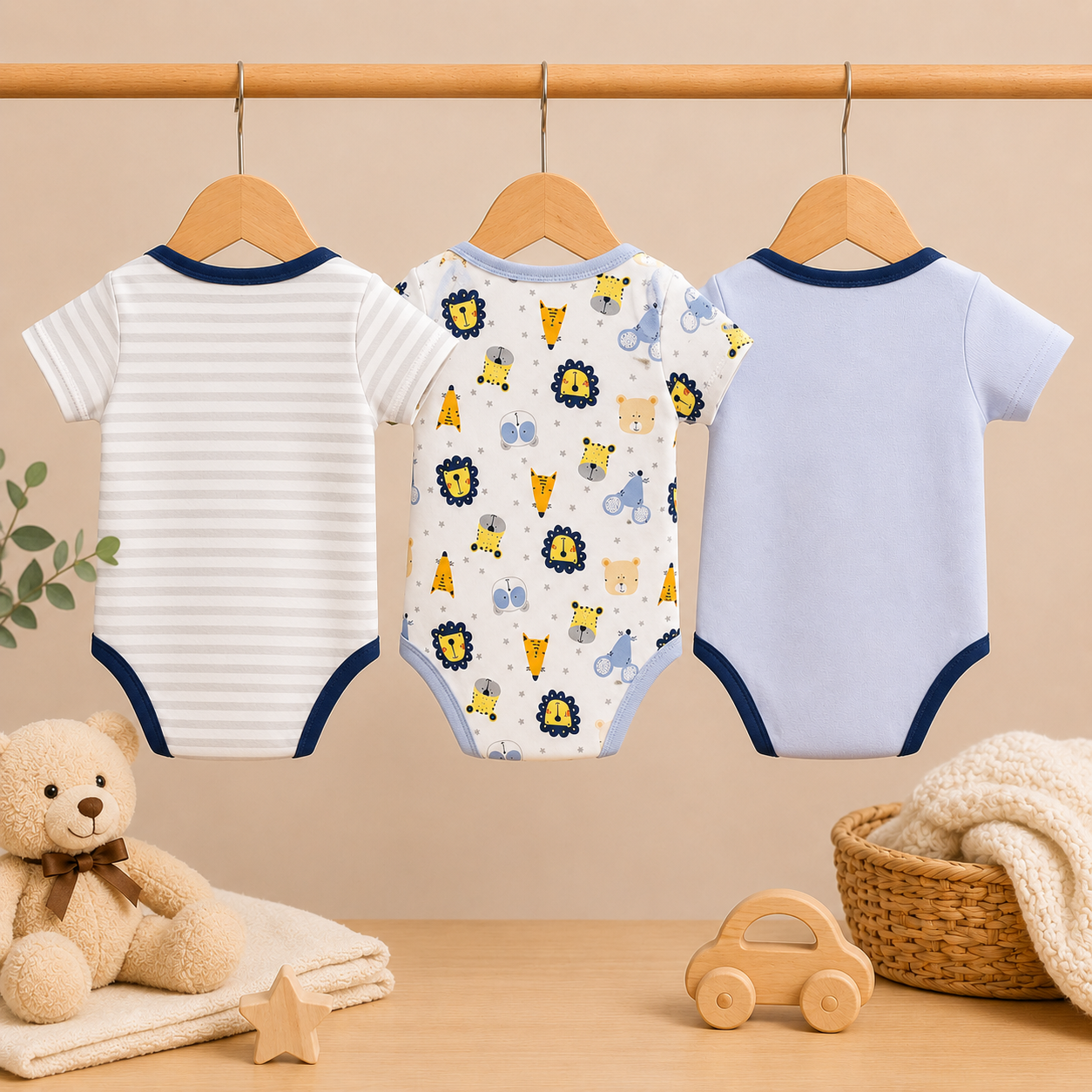 Infants Cotton Romper Pack of 3 | Safari Animal Printed Half Sleeve Bodysuit Set