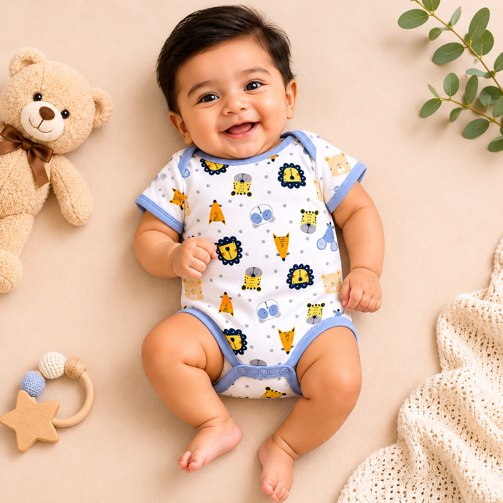 Infants Cotton Romper Pack of 3 | Safari Animal Printed Half Sleeve Bodysuit Set