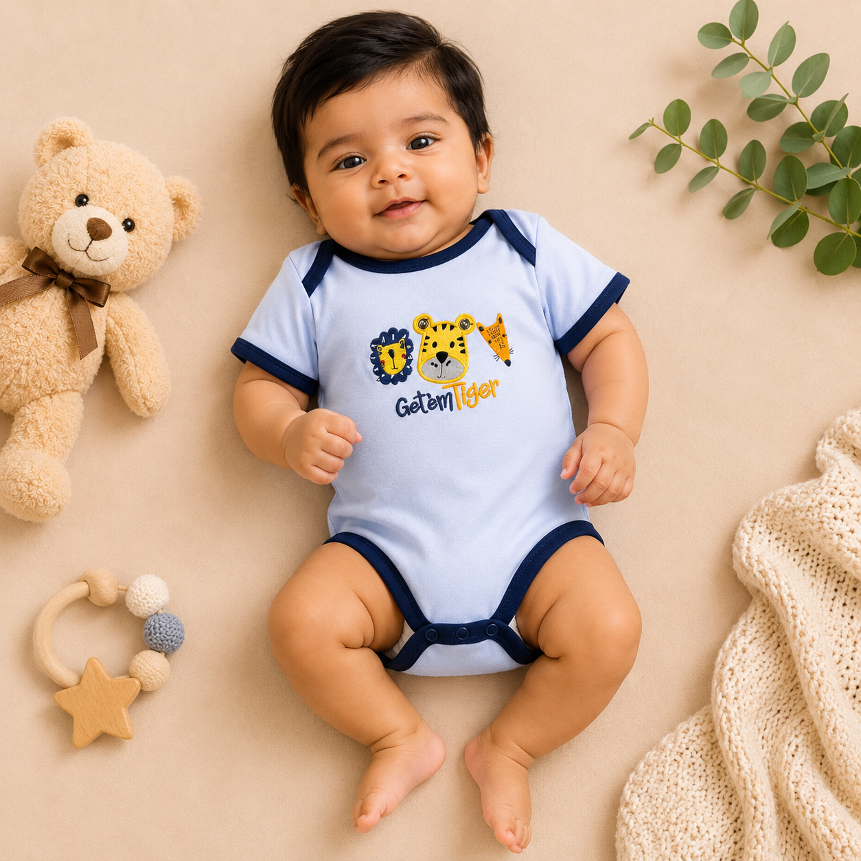 Infants Cotton Romper Pack of 3 | Safari Animal Printed Half Sleeve Bodysuit Set