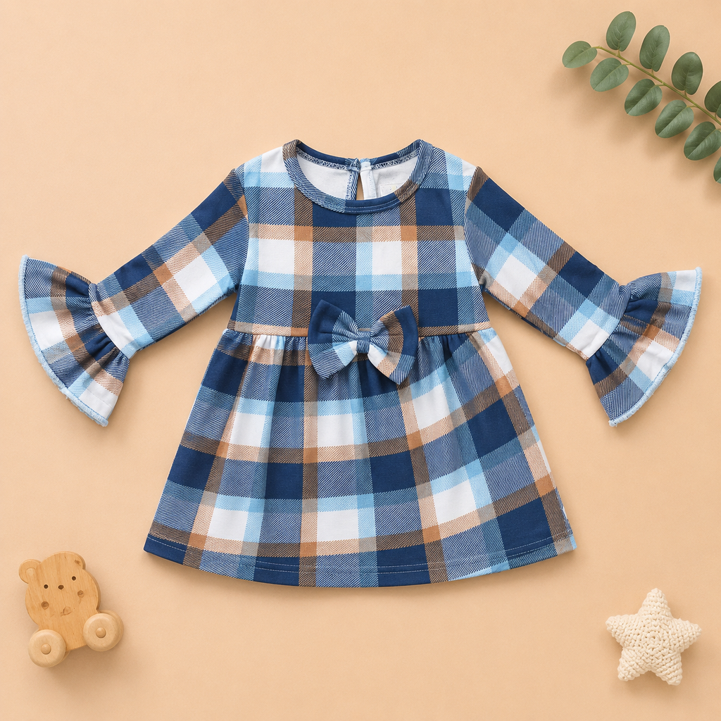 Blue Plaid Cotton Frock with Bow Detail | Full Sleeve Party Wear Dress for Infants & Girls