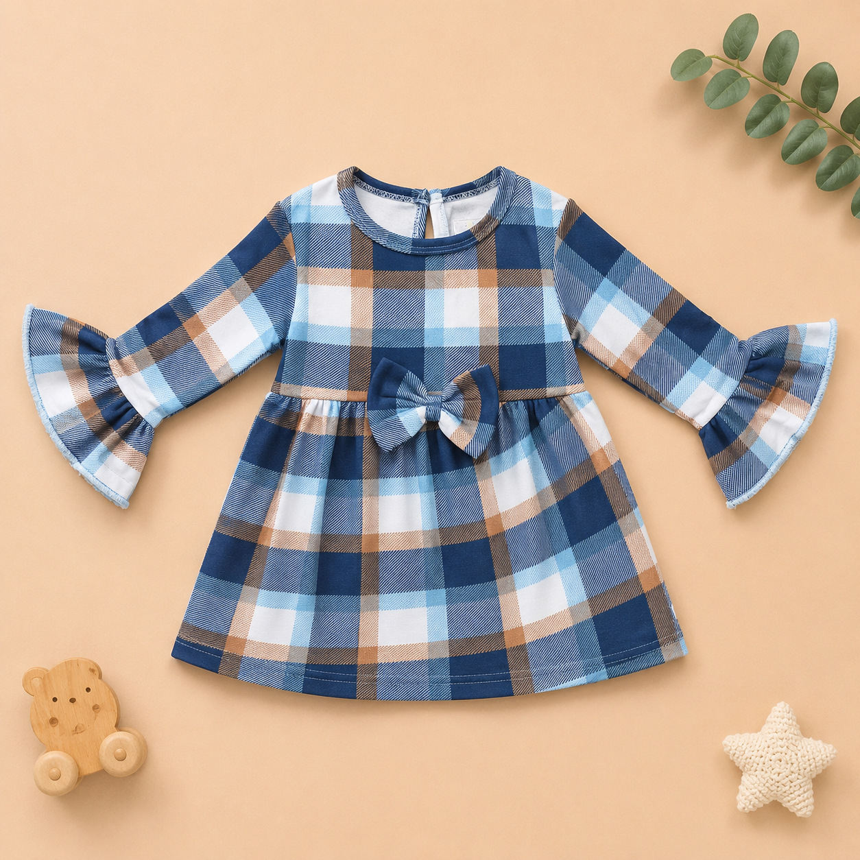 Blue Plaid Cotton Frock with Bow Detail | Full Sleeve Party Wear Dress for Infants & Girls