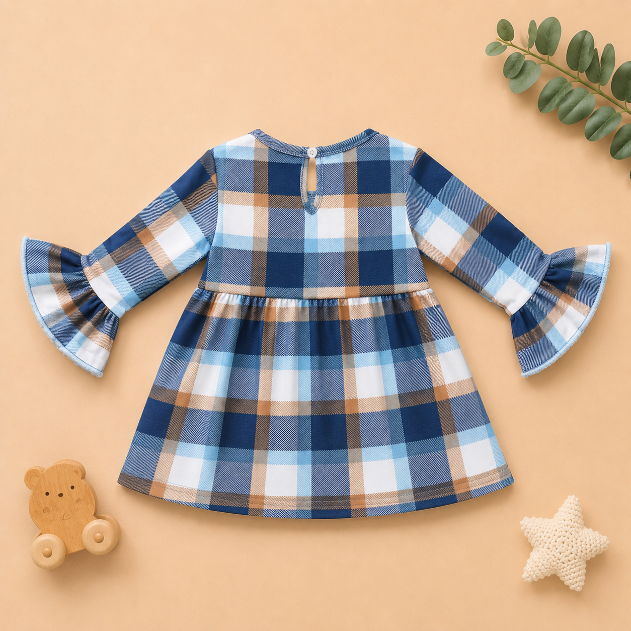 Blue Plaid Cotton Frock with Bow Detail | Full Sleeve Party Wear Dress for Infants & Girls
