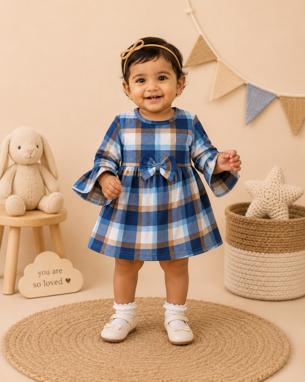 Blue Plaid Cotton Frock with Bow Detail | Full Sleeve Party Wear Dress for Infants & Girls