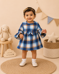 Blue Plaid Cotton Frock with Bow Detail | Full Sleeve Party Wear Dress for Infants & Girls