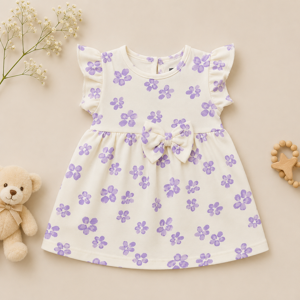 Lavender Flower Frock with Bow Detail | Soft Casual & Party Wear Dress for Infants & Girls