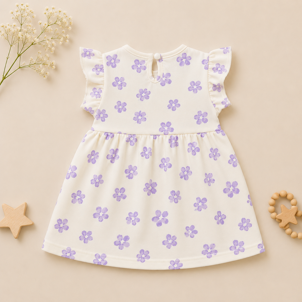 Lavender Flower Frock with Bow Detail | Soft Casual & Party Wear Dress for Infants & Girls