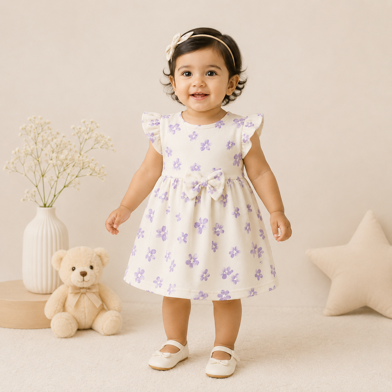 Lavender Flower Frock with Bow Detail | Soft Casual & Party Wear Dress for Infants & Girls