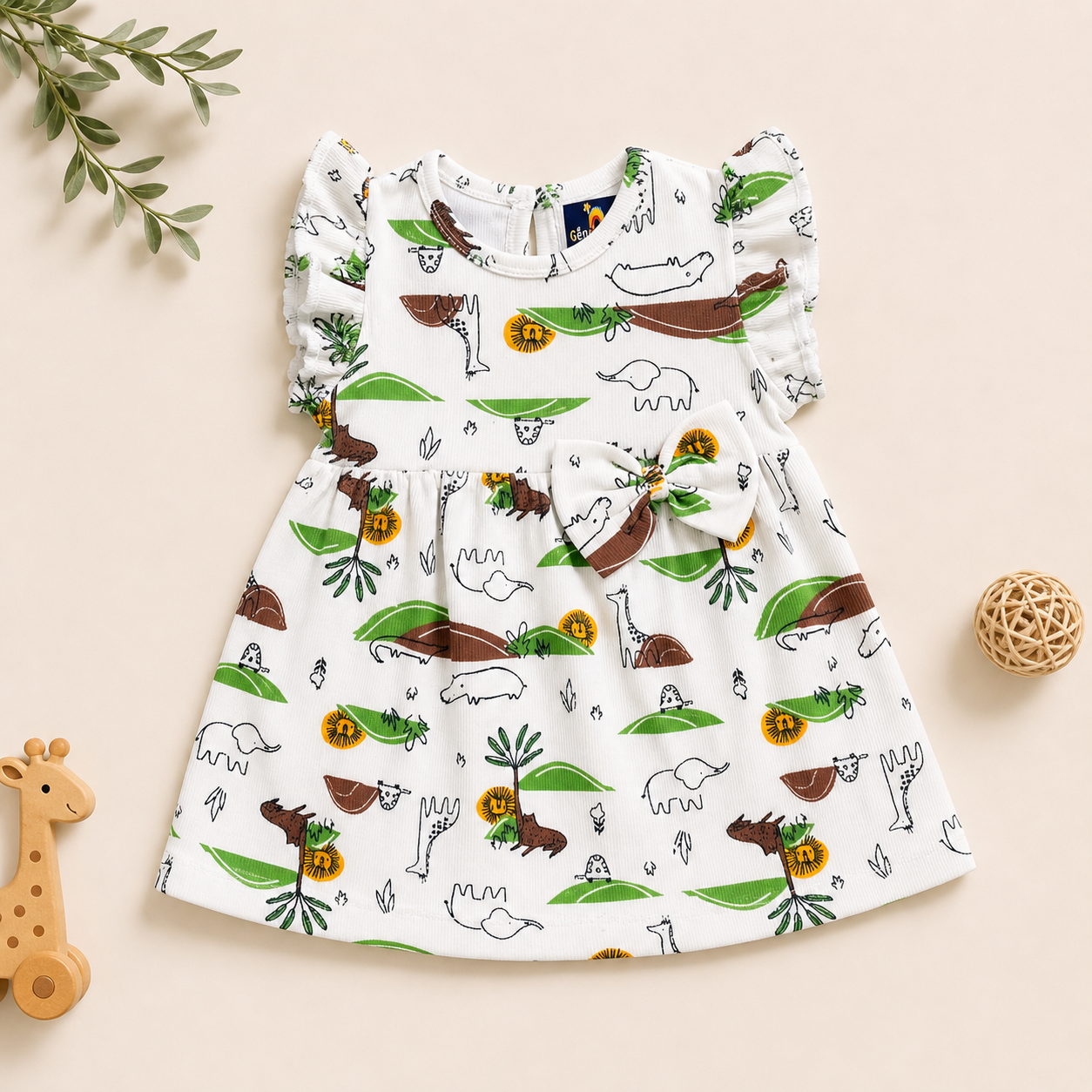 Baby Girls Cotton Dress – Safari Animal Print Dress with Ruffle Sleeves & Bow