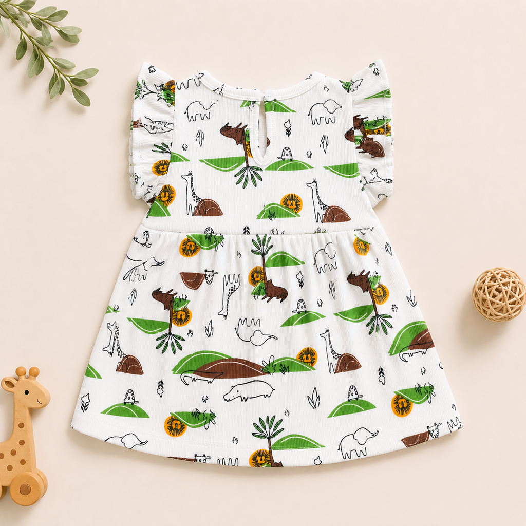 Baby Girls Cotton Dress – Safari Animal Print Dress with Ruffle Sleeves & Bow